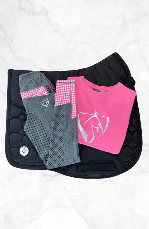 Youth Performance Riding Tights - Grey with Pink Houndstooth