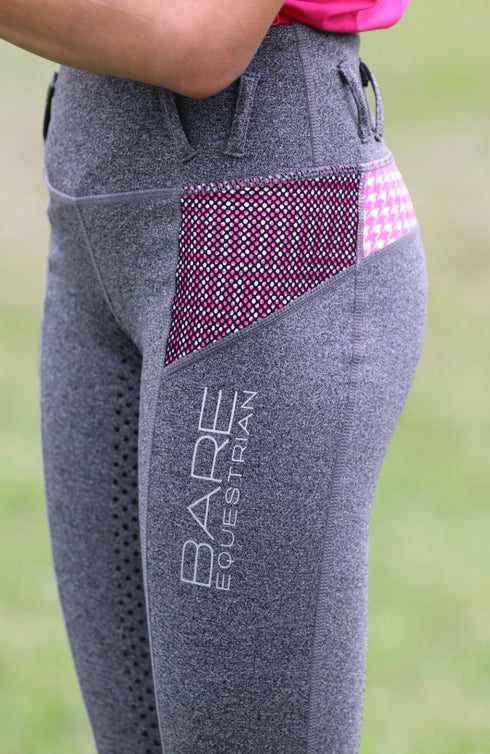 Youth Performance Riding Tights - Grey with Pink Houndstooth