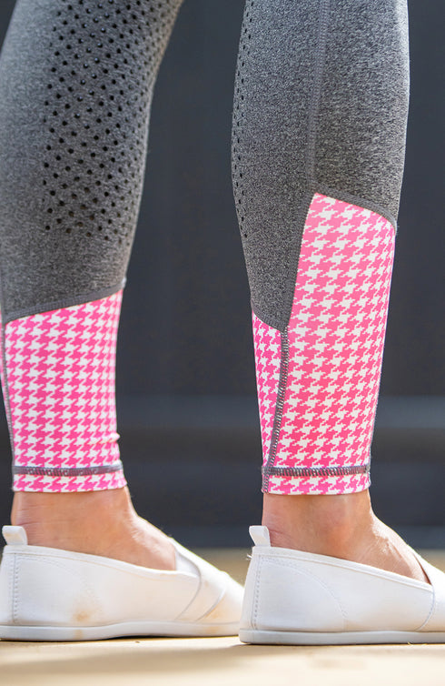 Youth Performance Riding Tights - Grey with Pink Houndstooth